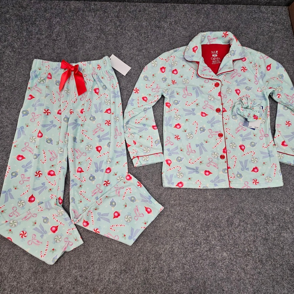 Max & Olivia Pajama Set Girls Size M 7/8 Blue Holiday Fleece 2PC Scrunchie NEW